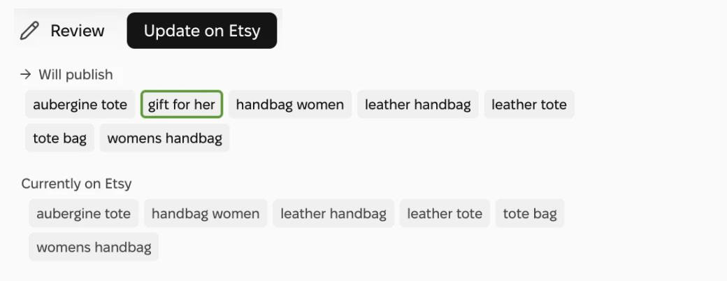 Tusella's review: the new tag gift for her is highlighted among the tags that will publish, next to the tags currently on Etsy